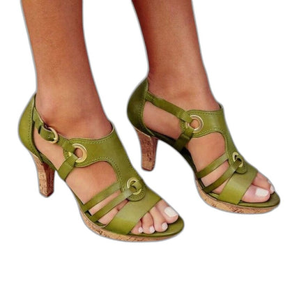 Comfortable Brown Leather Heels for Women with Block Heel Ankle Strap Open Toe Buckle Casual Style