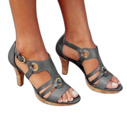 Comfortable Brown Leather Heels for Women with Block Heel Ankle Strap Open Toe Buckle Casual Style