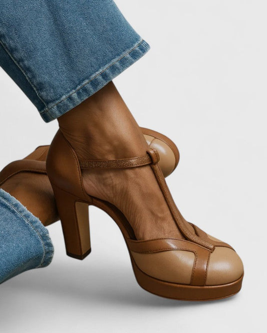 Comfortable Brown Leather Heels for Women with Platform Block Heel Closed Toe Party Style