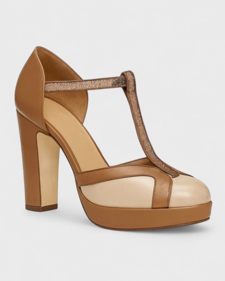 Comfortable Brown Leather Heels for Women with Platform Block Heel Closed Toe Party Style