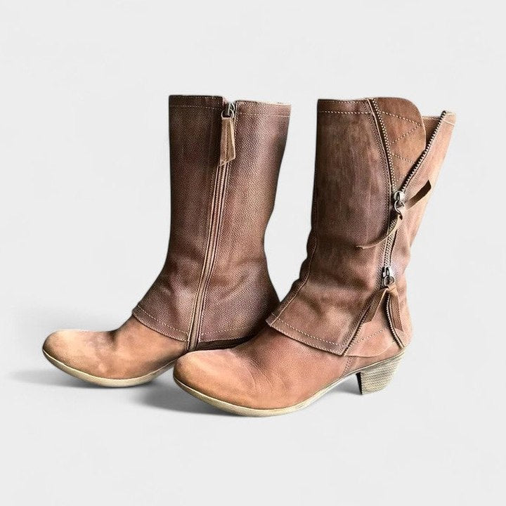 Comfortable Brown Leather Knee High Boots for Women with Block Heel Casual Style
