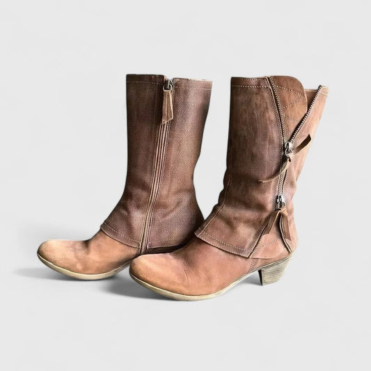 Comfortable Brown Leather Knee High Boots for Women with Block Heel Casual Style