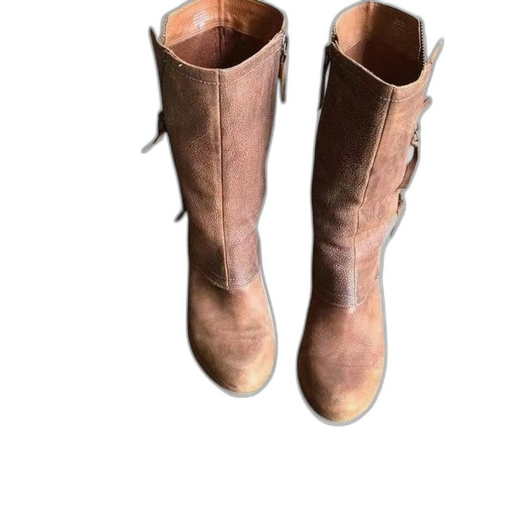 Comfortable Brown Leather Knee High Boots for Women with Block Heel Casual Style