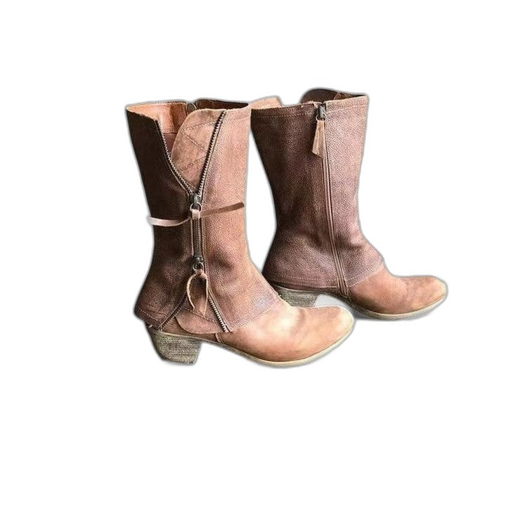 Comfortable Brown Leather Knee High Boots for Women with Block Heel Casual Style