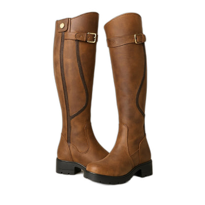 Comfortable Brown Leather Knee High Boots for Women with Block Heel Closed Toe Buckle Casual Style