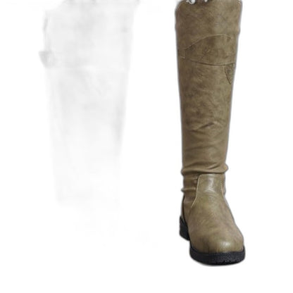 Comfortable Brown Leather Knee High Boots for Women with Block Heel Closed Toe Buckle Casual Style