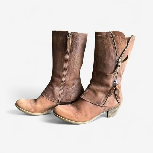 Comfortable Brown Leather Knee High Boots for Women with Block Heel Closed Toe Casual Style