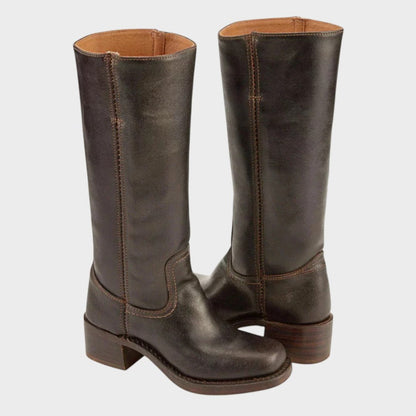 Comfortable Brown Leather Knee High Boots for Women with Block Heel Closed Toe Casual Style