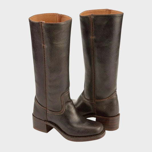 Comfortable Brown Leather Knee High Boots for Women with Block Heel Closed Toe Casual Style