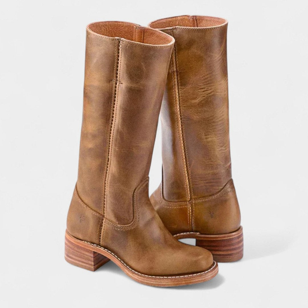 Comfortable Brown Leather Knee High Boots for Women with Block Heel Closed Toe Casual Style