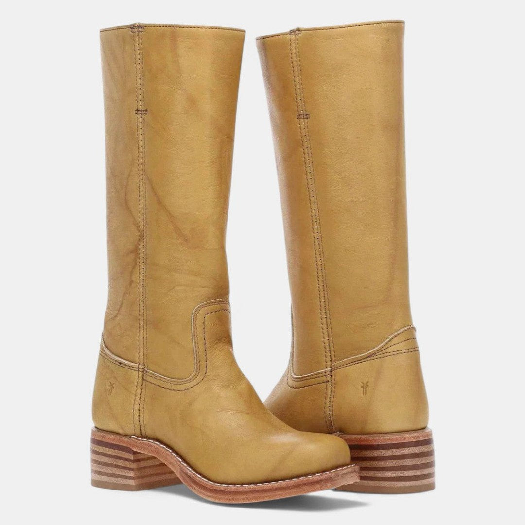 Comfortable Brown Leather Knee High Boots for Women with Block Heel Closed Toe Casual Style