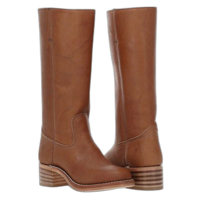 Comfortable Brown Leather Knee High Boots for Women with Block Heel Closed Toe Casual Style