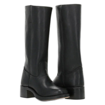 Comfortable Brown Leather Knee High Boots for Women with Block Heel Closed Toe Casual Style