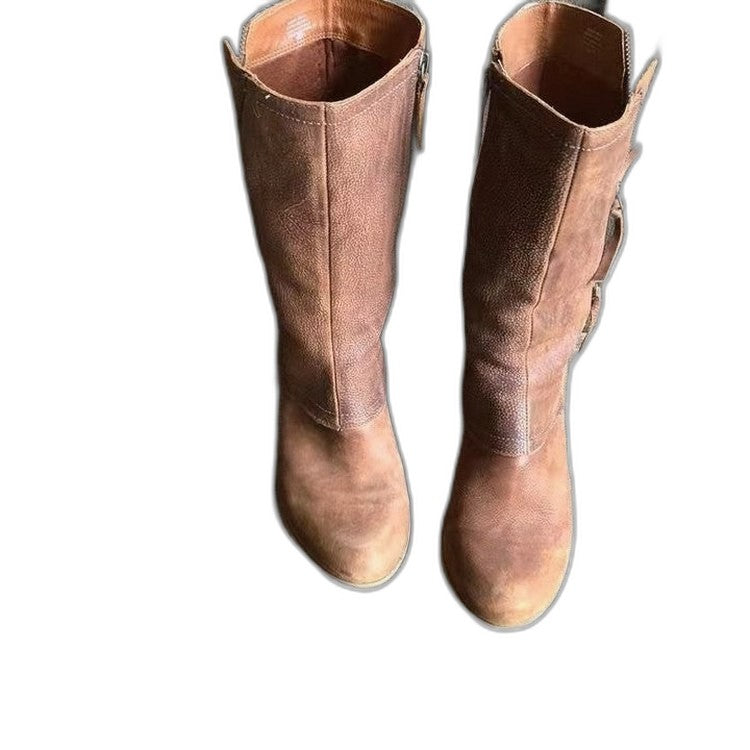 Comfortable Brown Leather Knee High Boots for Women with Block Heel Closed Toe Casual Style