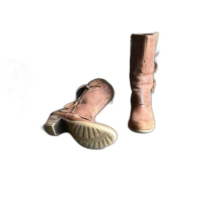 Comfortable Brown Leather Knee High Boots for Women with Block Heel Closed Toe Casual Style