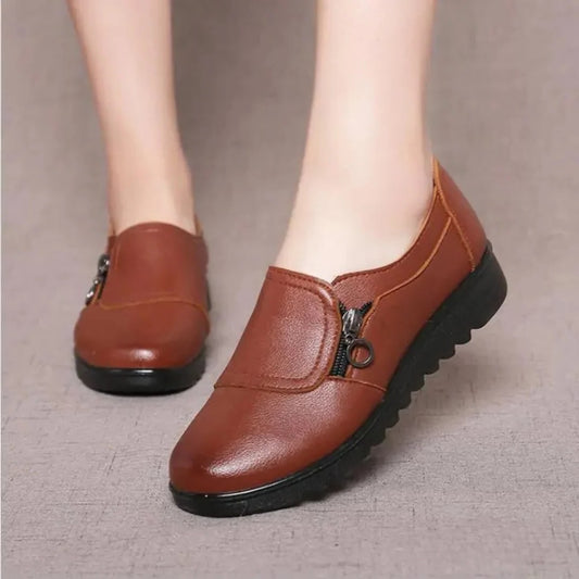 Comfortable Brown Leather Loafers for Women with Closed Toe Slip On Casual Style