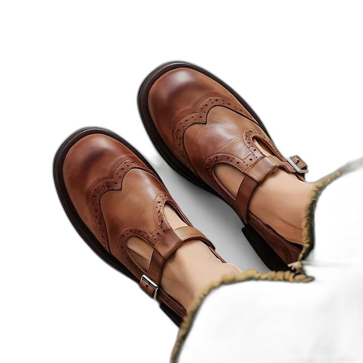 Comfortable Brown Leather Loafers for Women with Mary Jane Closed Toe Fur Lined Buckle Casual Style