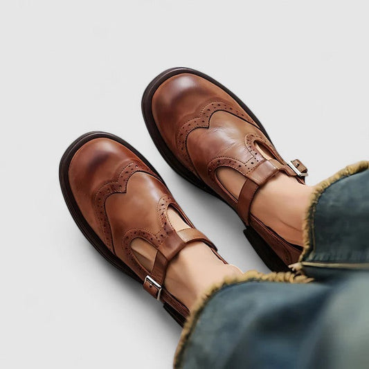 Comfortable Brown Leather Loafers for Women with Mary Jane Closed Toe Fur Lined Buckle Casual Style