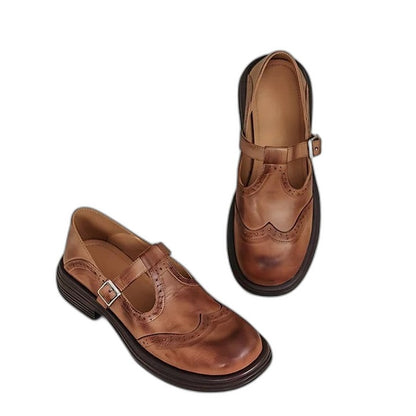 Comfortable Brown Leather Loafers for Women with Mary Jane Closed Toe Fur Lined Buckle Casual Style