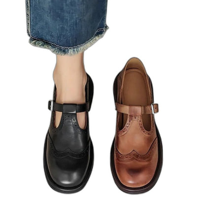 Comfortable Brown Leather Loafers for Women with Mary Jane Closed Toe Fur Lined Buckle Casual Style