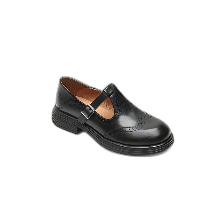 Comfortable Brown Leather Loafers for Women with Mary Jane Closed Toe Fur Lined Buckle Casual Style