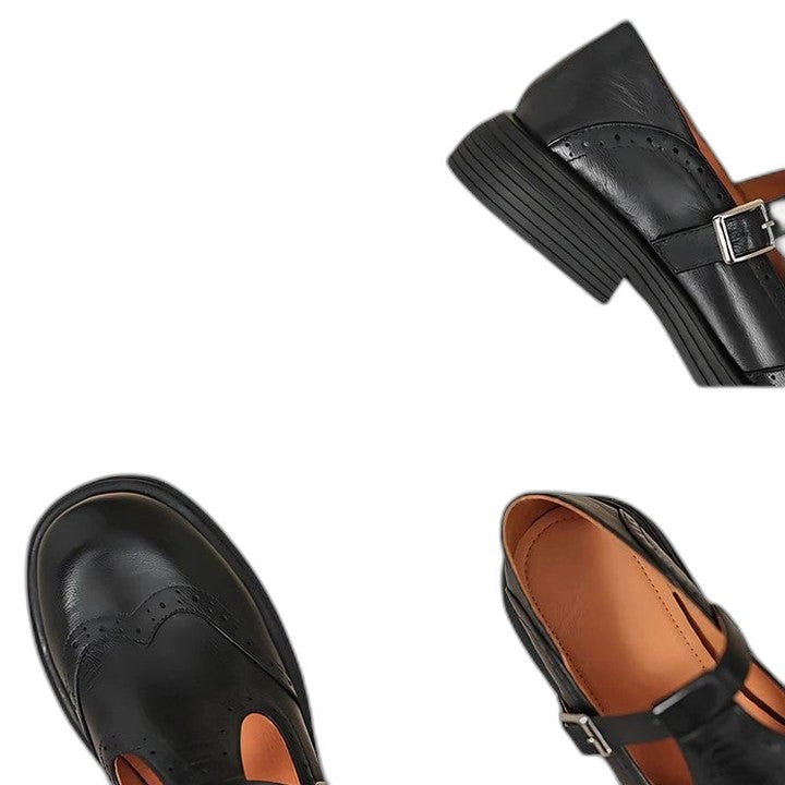 Comfortable Brown Leather Loafers for Women with Mary Jane Closed Toe Fur Lined Buckle Casual Style