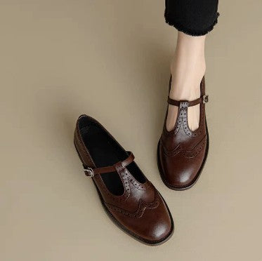 Comfortable Brown Leather Mary Jane Shoes for Women with Ankle Strap Closed Toe Buckle Casual Style