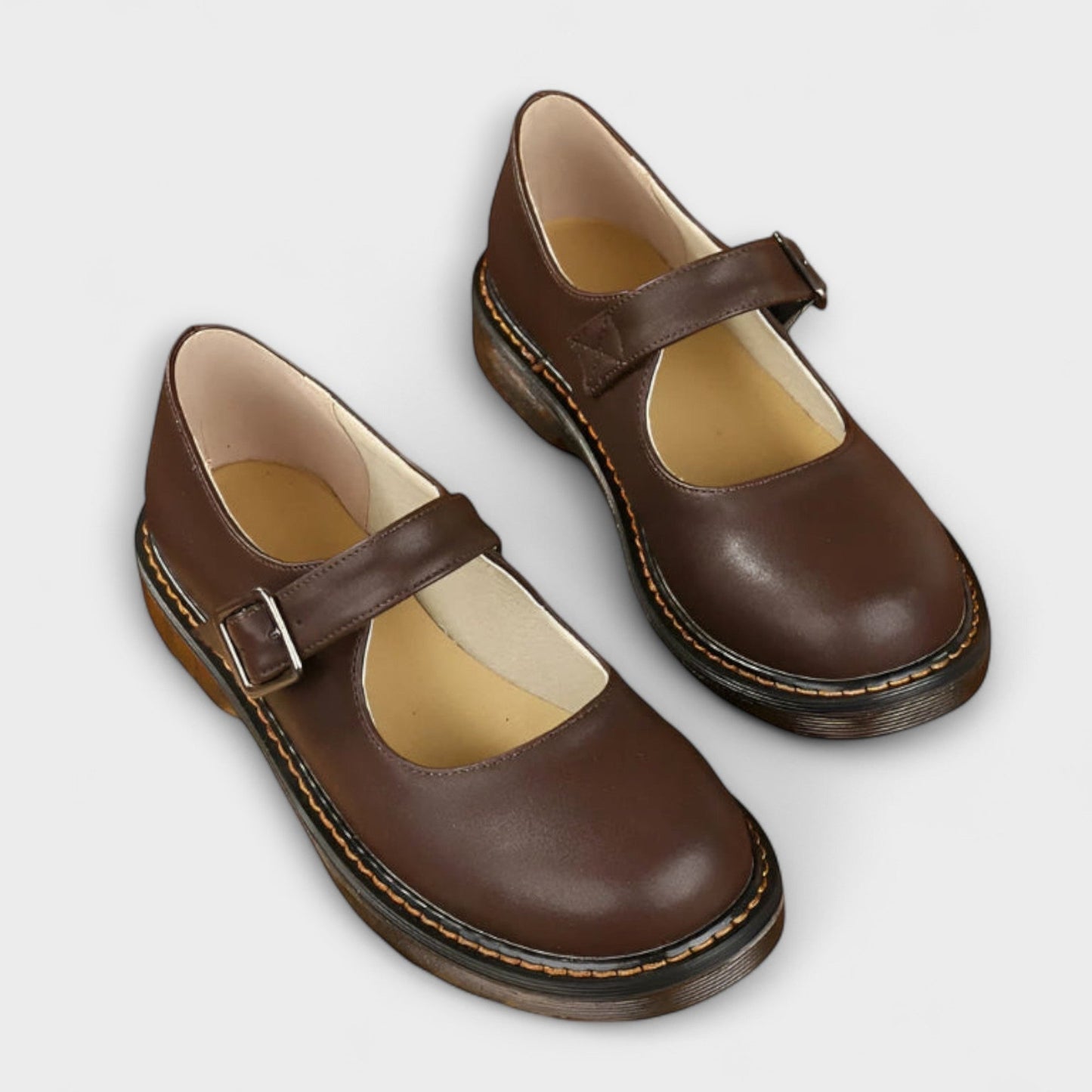 Comfortable Brown Leather Mary Jane Shoes for Women with Ankle Strap Closed Toe Buckle Casual Style