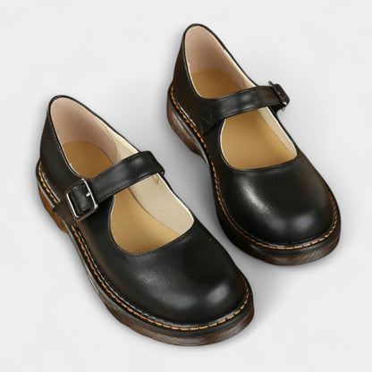 Comfortable Brown Leather Mary Jane Shoes for Women with Ankle Strap Closed Toe Buckle Casual Style