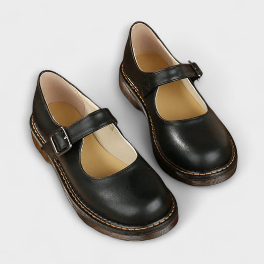 Comfortable Brown Leather Mary Jane Shoes for Women with Ankle Strap Closed Toe Buckle Casual Style