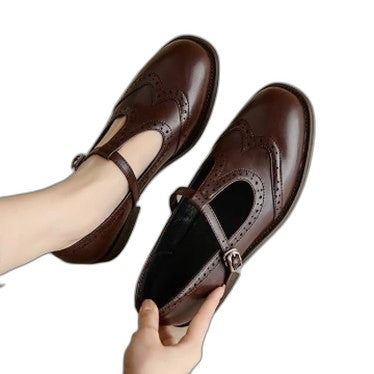 Comfortable Brown Leather Mary Jane Shoes for Women with Ankle Strap Closed Toe Buckle Casual Style