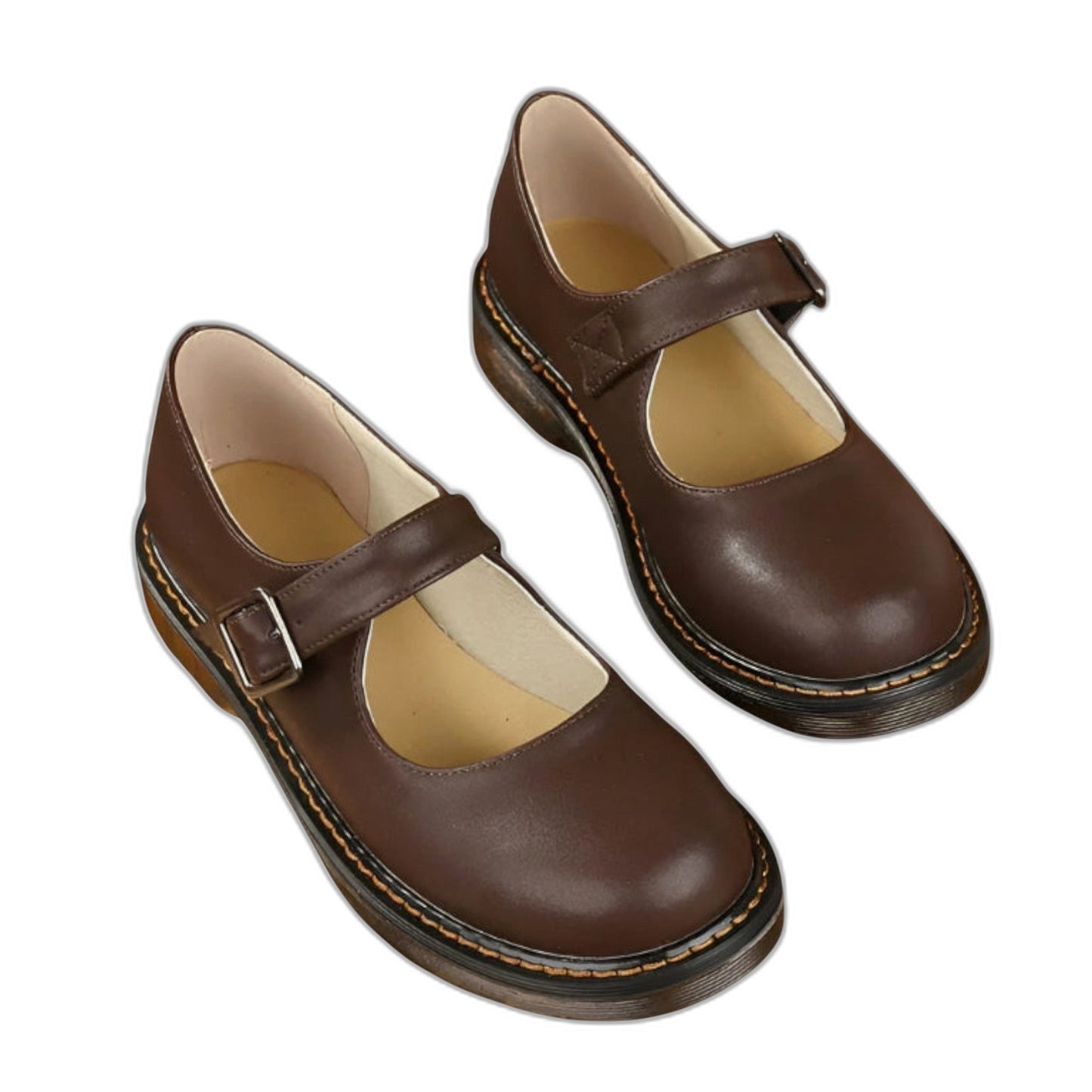Comfortable Brown Leather Mary Jane Shoes for Women with Ankle Strap Closed Toe Buckle Casual Style