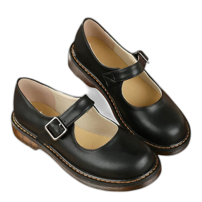 Comfortable Brown Leather Mary Jane Shoes for Women with Ankle Strap Closed Toe Buckle Casual Style