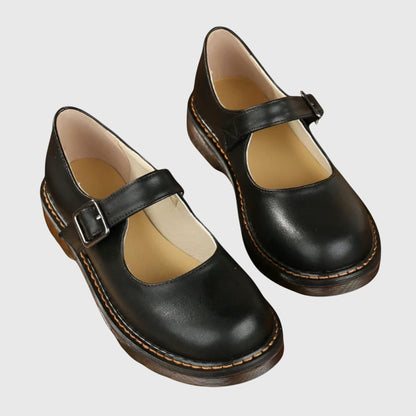 Comfortable Brown Leather Mary Jane Shoes for Women with Ankle Strap Closed Toe Buckle Casual Style