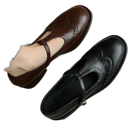 Comfortable Brown Leather Mary Jane Shoes for Women with Ankle Strap Closed Toe Buckle Casual Style