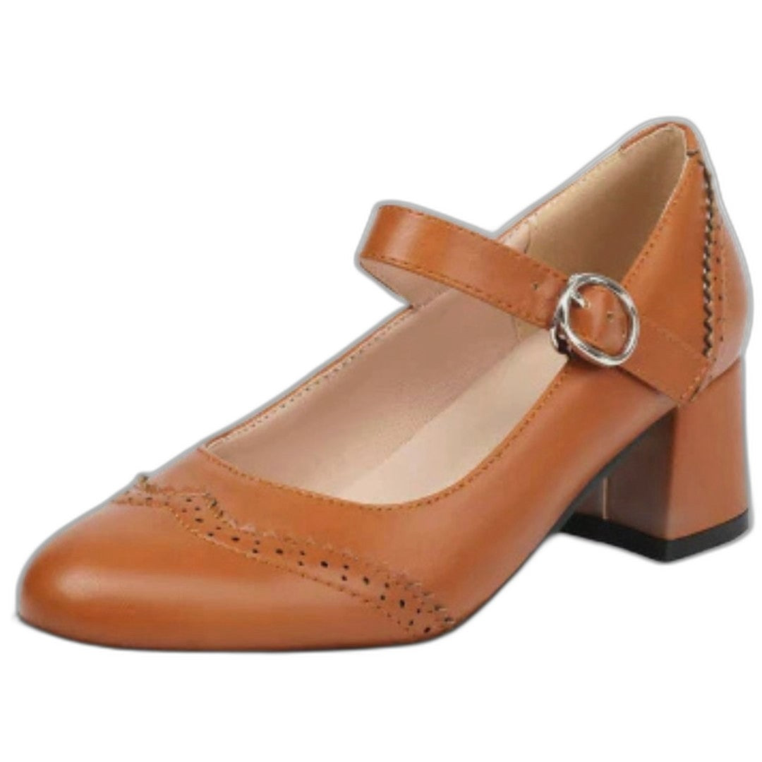 Comfortable Brown Leather Mary Jane Shoes for Women with Block Heel Ankle Strap Closed Toe Buckle Casual Style