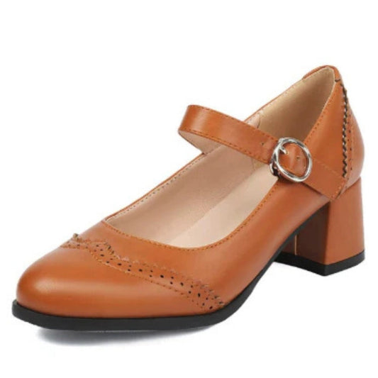 Comfortable Brown Leather Mary Jane Shoes for Women with Block Heel Ankle Strap Closed Toe Buckle Casual Style