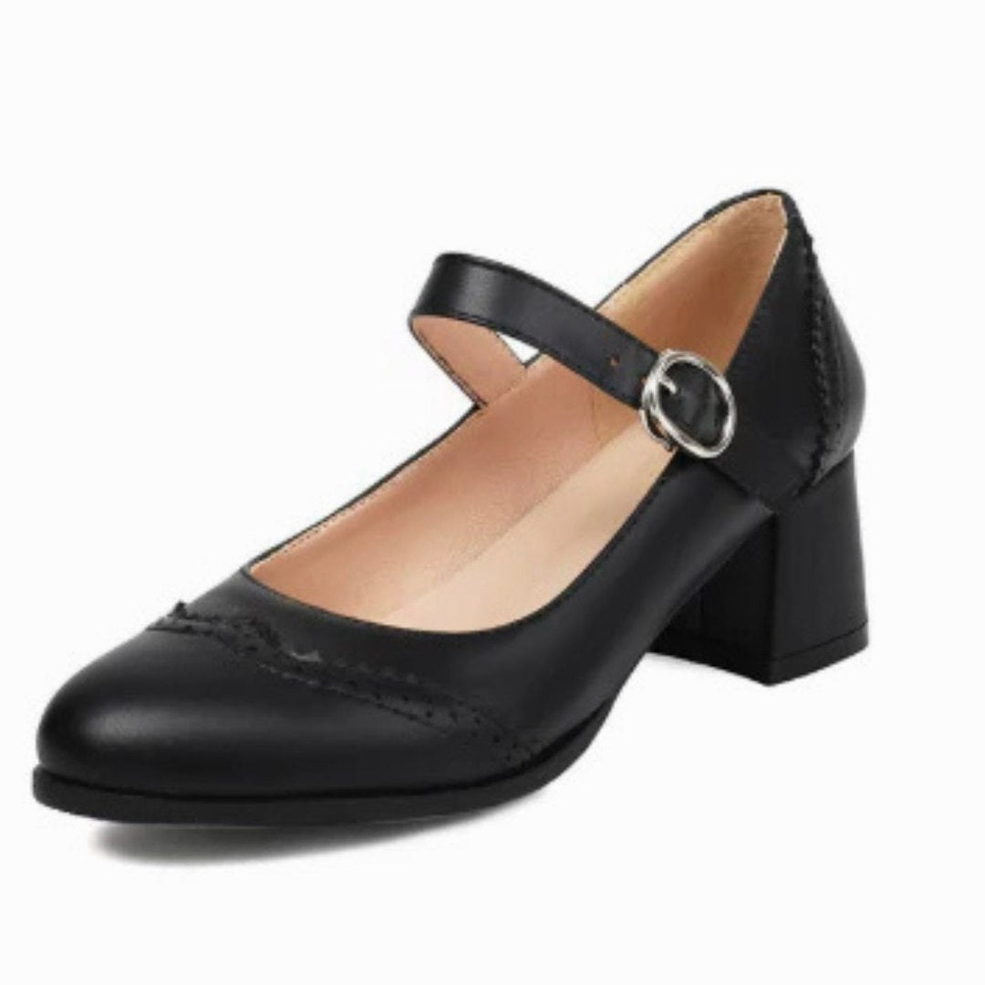 Comfortable Brown Leather Mary Jane Shoes for Women with Block Heel Ankle Strap Closed Toe Buckle Casual Style
