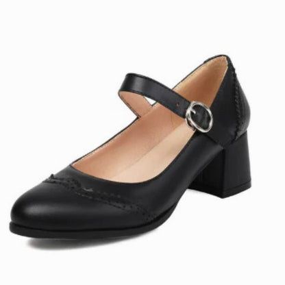 Comfortable Brown Leather Mary Jane Shoes for Women with Block Heel Ankle Strap Closed Toe Buckle Casual Style