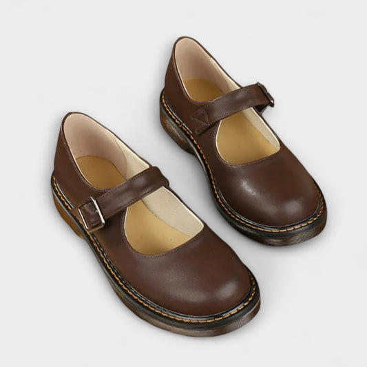 Comfortable Brown Leather Mary Jane Shoes for Women with Closed Toe Buckle Casual Style