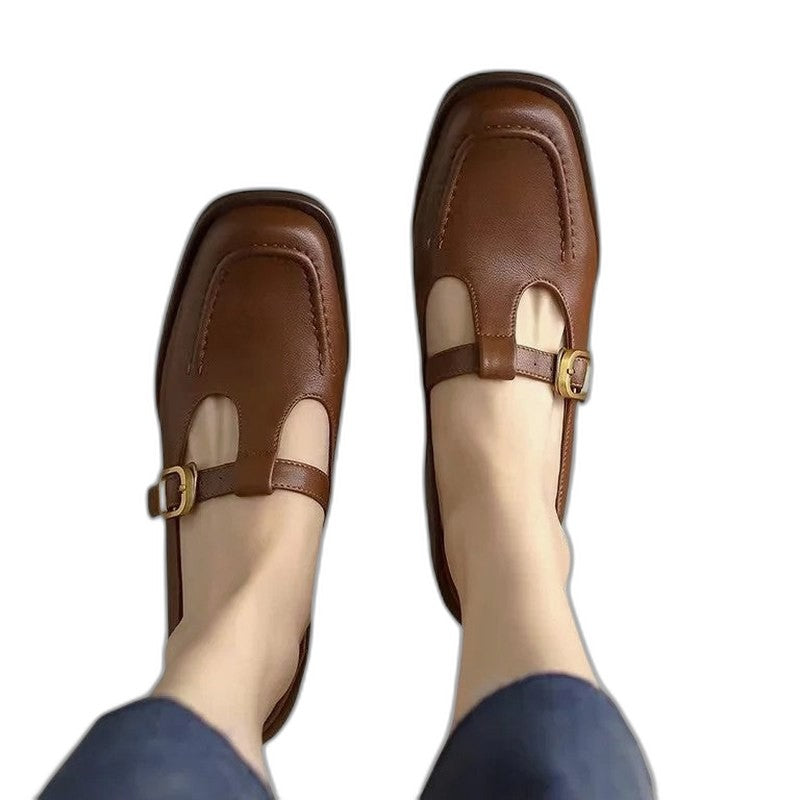 Comfortable Brown Leather Mary Jane Shoes for Women with Closed Toe Buckle Casual Style
