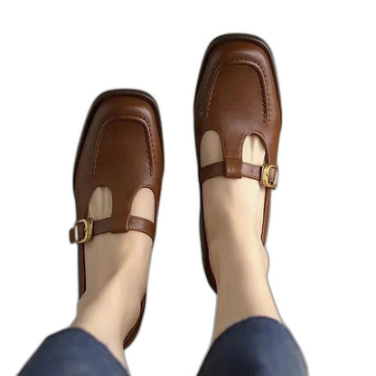 Comfortable Brown Leather Mary Jane Shoes for Women with Closed Toe Buckle Casual Style