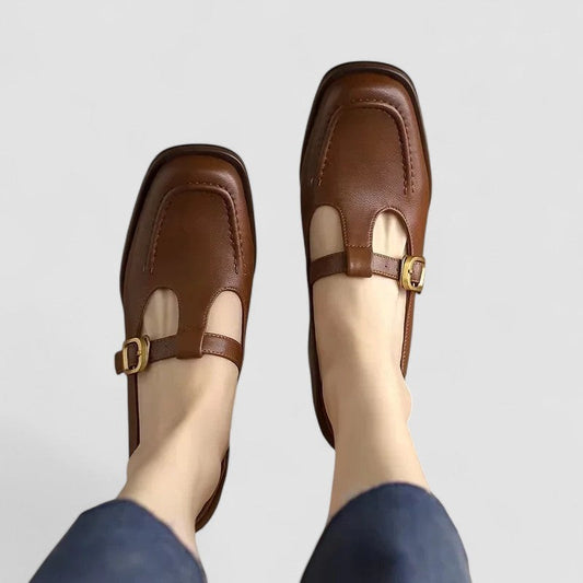 Comfortable Brown Leather Mary Jane Shoes for Women with Closed Toe Buckle Casual Style