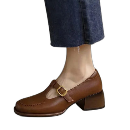 Comfortable Brown Leather Mary Jane Shoes for Women with Closed Toe Buckle Casual Style