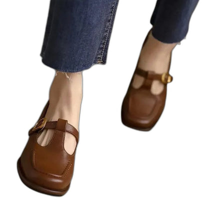 Comfortable Brown Leather Mary Jane Shoes for Women with Closed Toe Buckle Casual Style