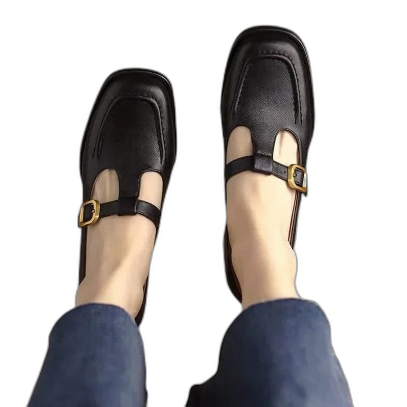 Comfortable Brown Leather Mary Jane Shoes for Women with Closed Toe Buckle Casual Style