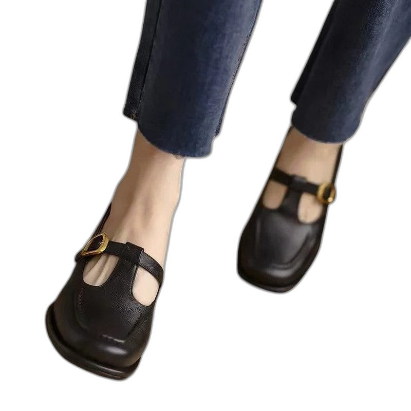 Comfortable Brown Leather Mary Jane Shoes for Women with Closed Toe Buckle Casual Style