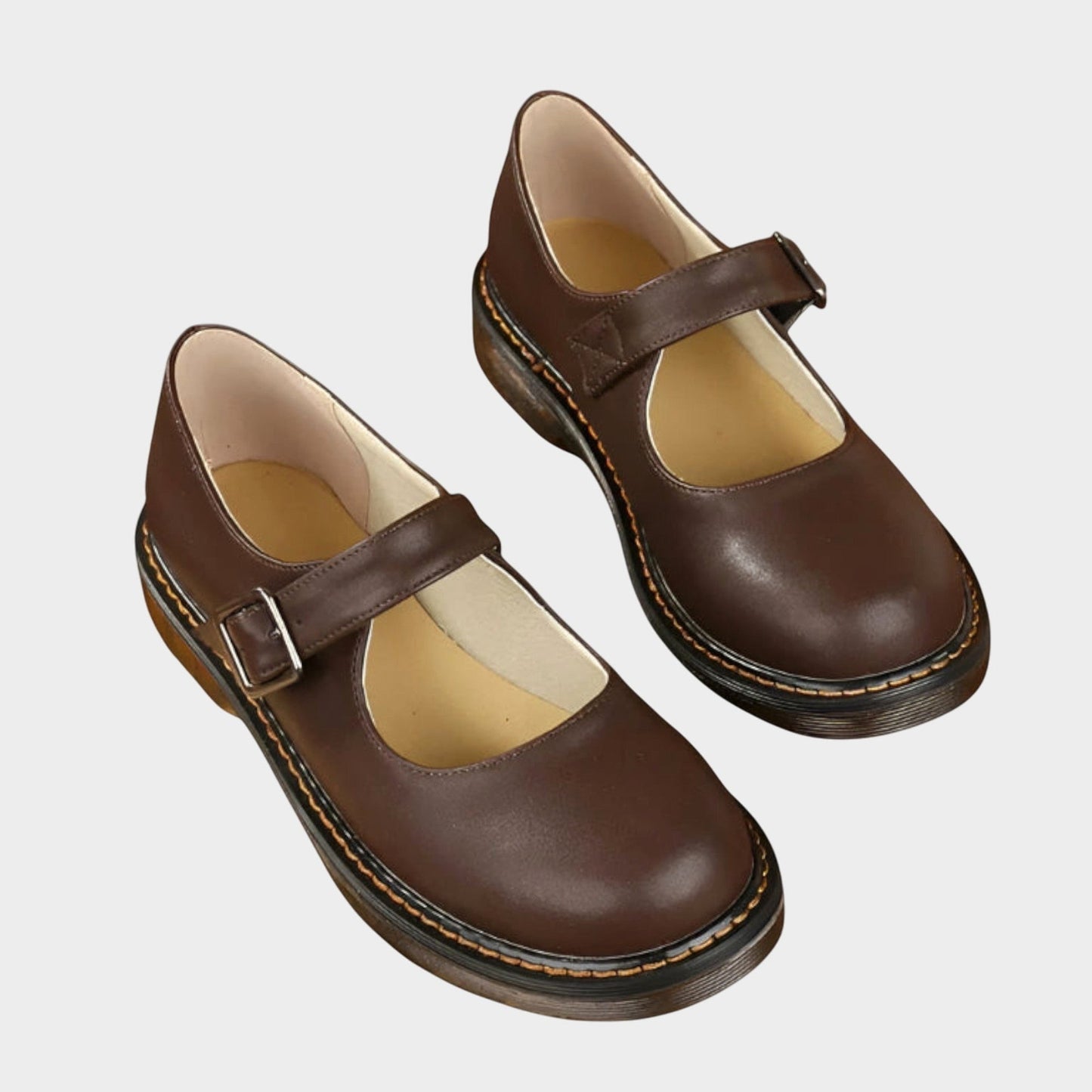 Comfortable Brown Leather Mary Jane Shoes for Women with Closed Toe Buckle Casual Style