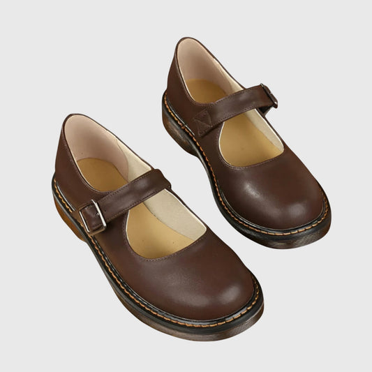Comfortable Brown Leather Mary Jane Shoes for Women with Closed Toe Buckle Casual Style