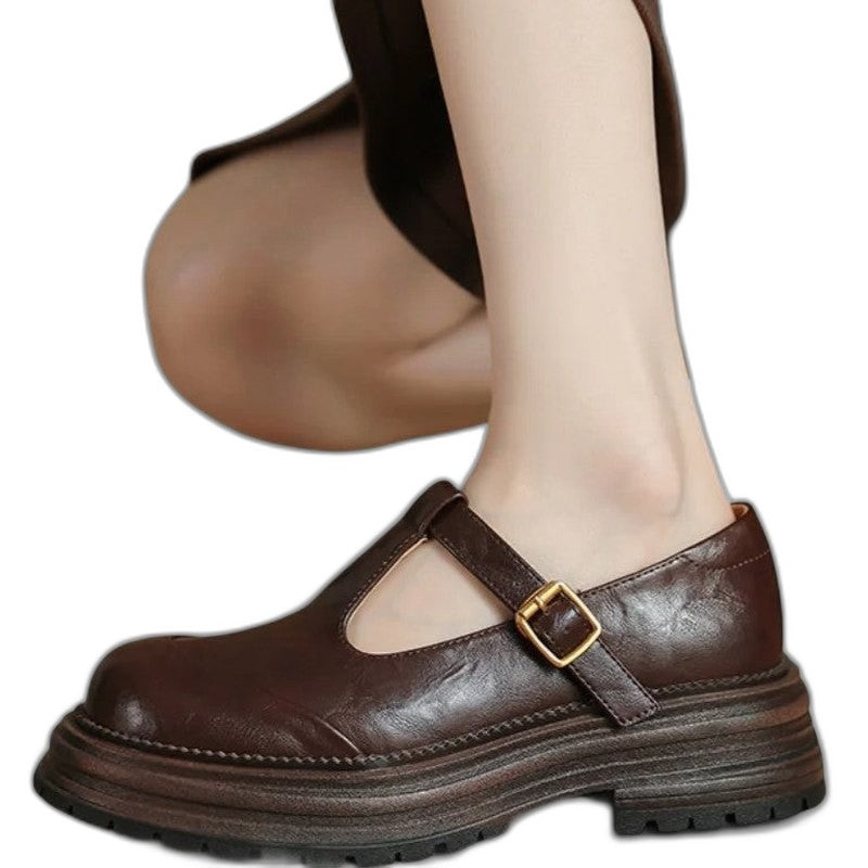 Comfortable Brown Leather Mary Jane Shoes for Women with Closed Toe Buckle Casual Style